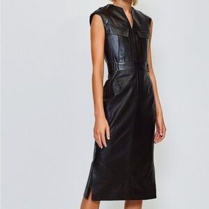 Karen Millen Leather Pocket Detail Midi Dress In Black Size US 10 Rare Find!